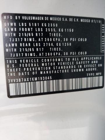 2019 Volkswagen Tiguan Se VIN: 3VV3B7AX1KM193045 Lot: 57778464
