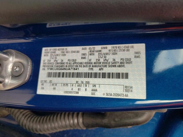 2022 Ford Escape Se VIN: 1FMCU0G64NUA71841 Lot: 60727154