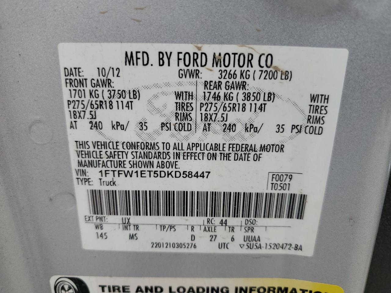 1FTFW1ET5DKD58447 2013 Ford F150 Supercrew