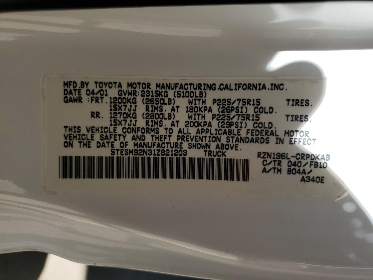 5TESM92N31Z821203 2001 Toyota Tacoma Xtracab Prerunner