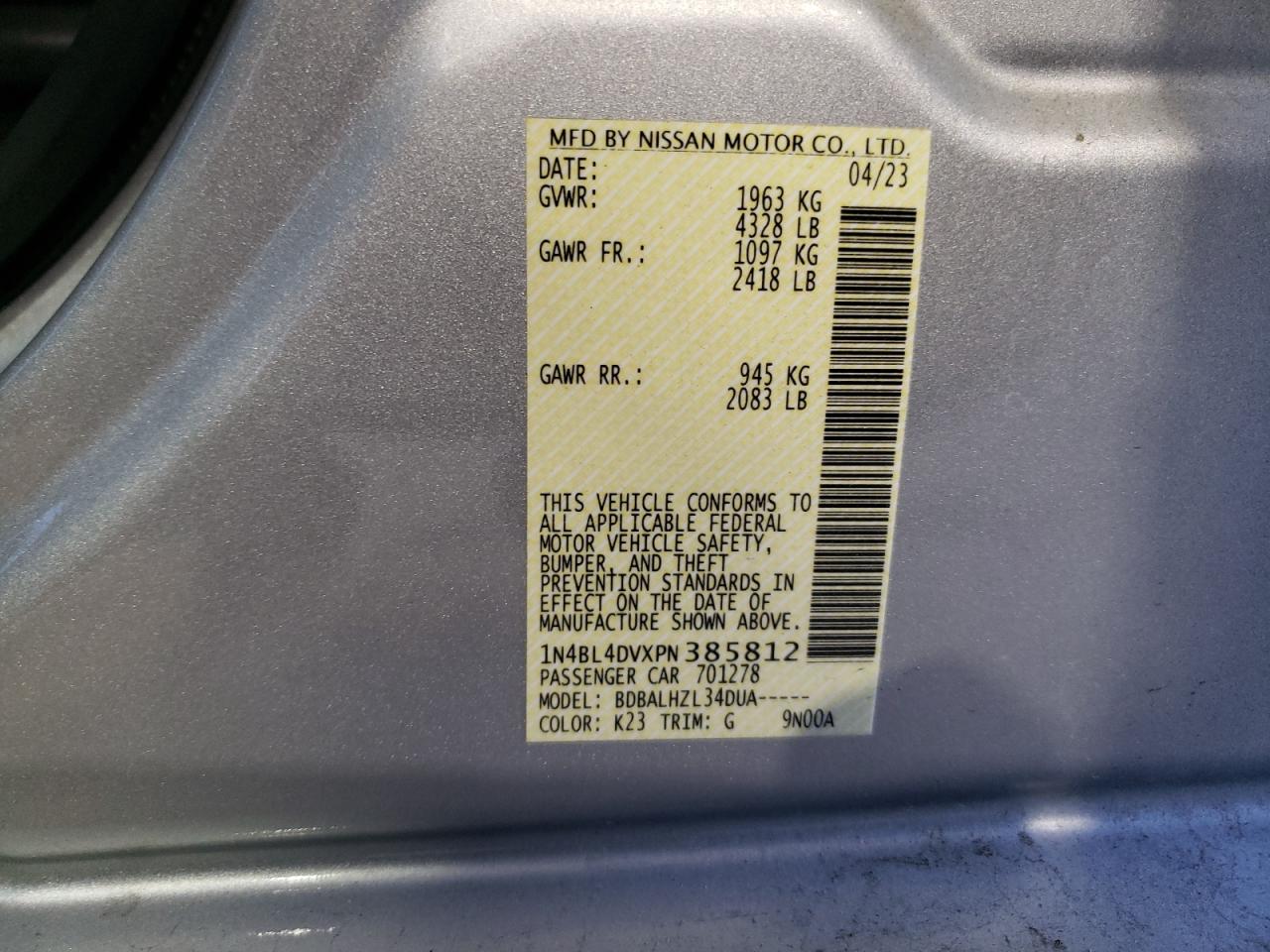 2023 Nissan Altima Sv vin: 1N4BL4DVXPN385812