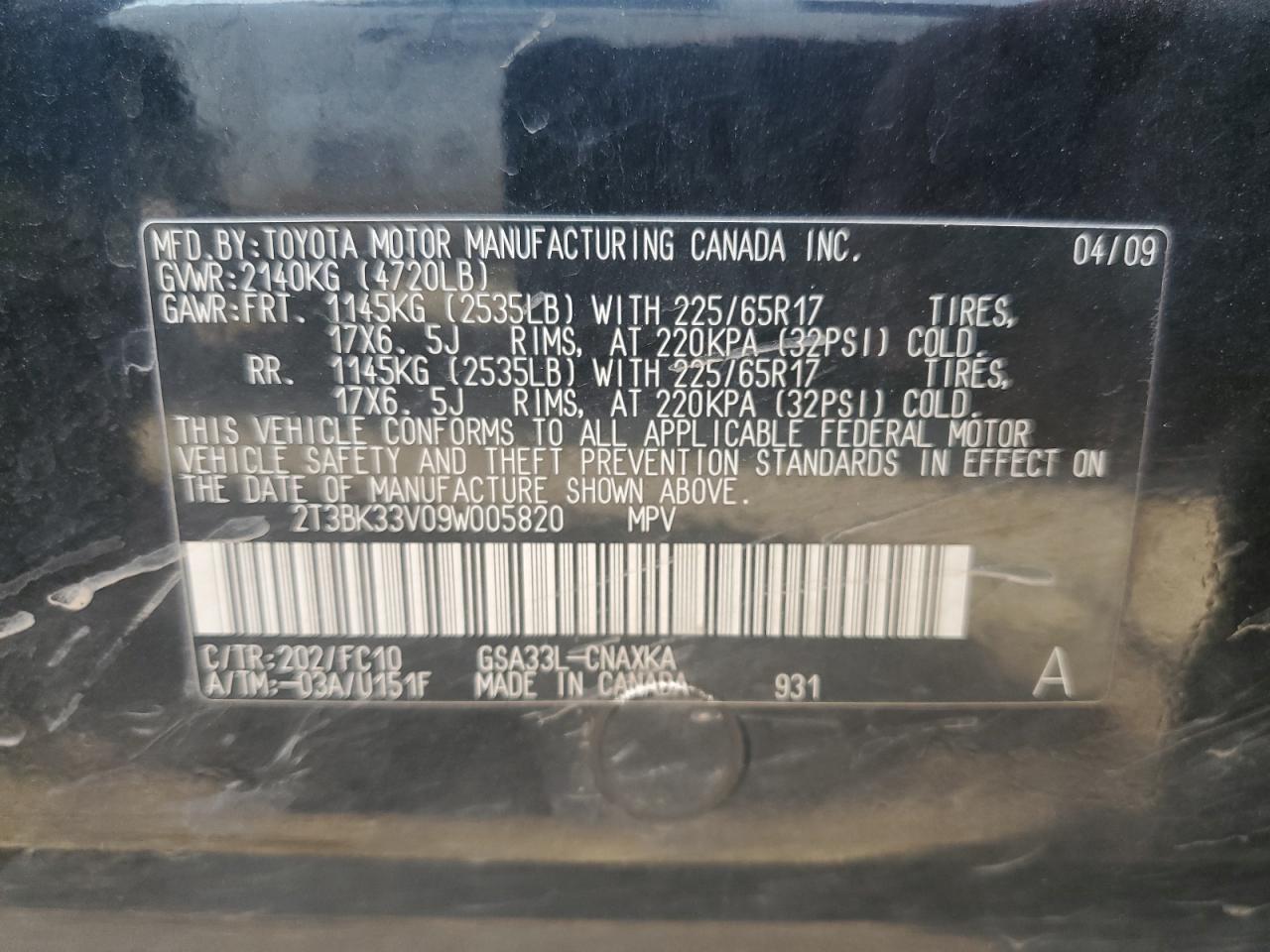 2T3BK33V09W005820 2009 Toyota Rav4