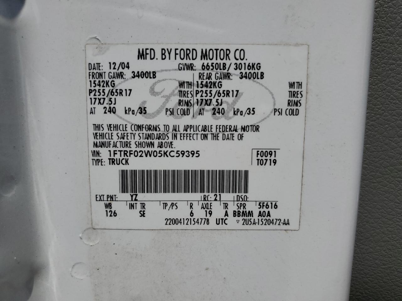 1FTRF02W05KC59395 2005 Ford F150