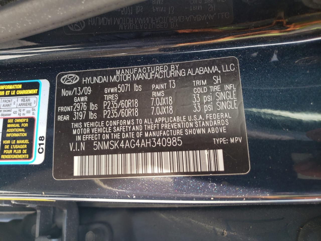 5NMSK4AG4AH340985 2010 Hyundai Santa Fe Limited