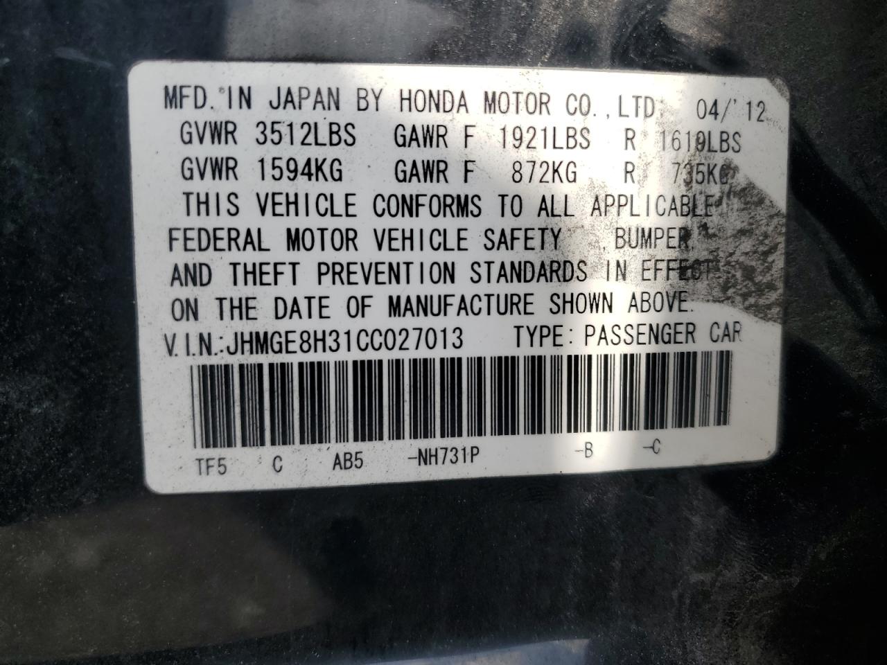 JHMGE8H31CC027013 2012 Honda Fit