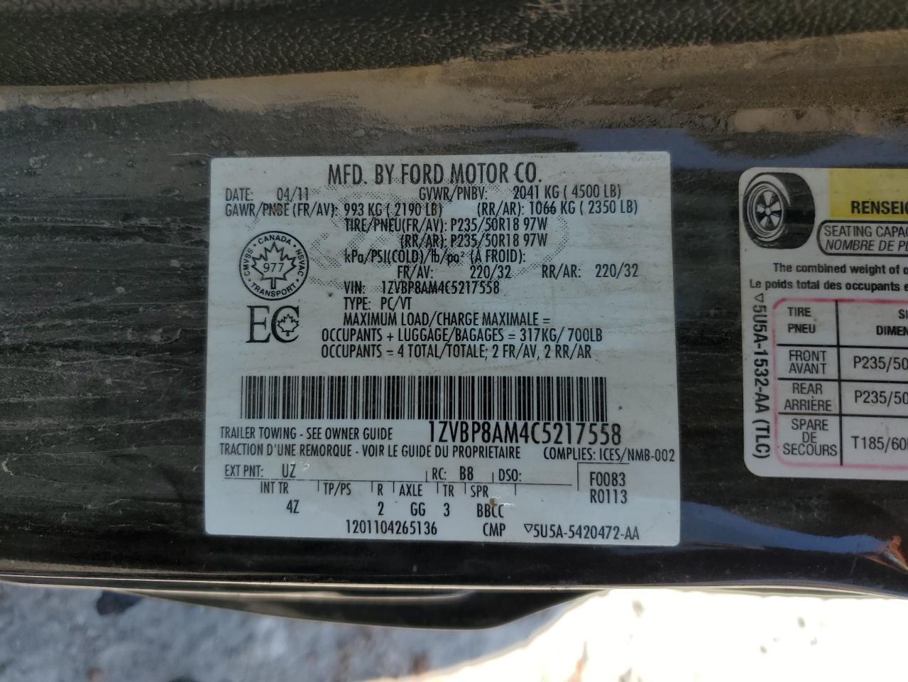 1ZVBP8AM4C5217558 2012 Ford Mustang