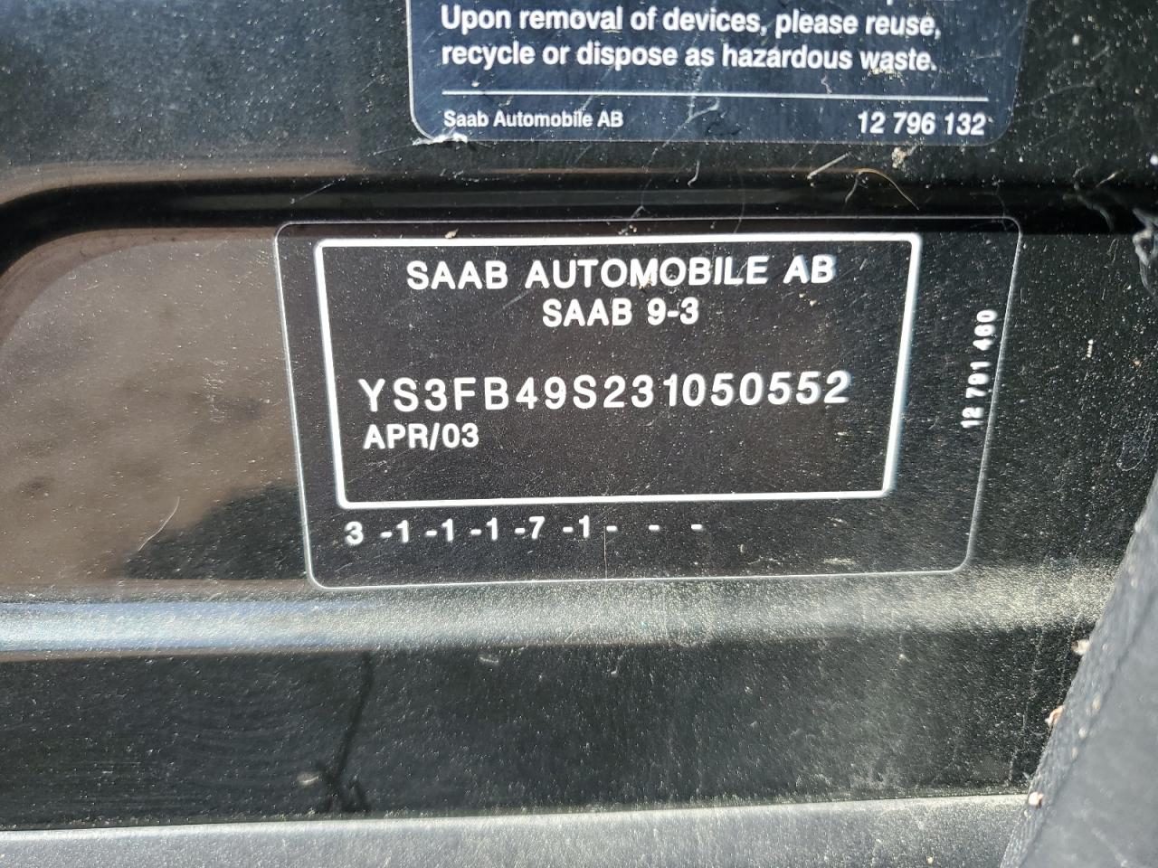 YS3FB49S231050552 2003 Saab 9-3 Linear