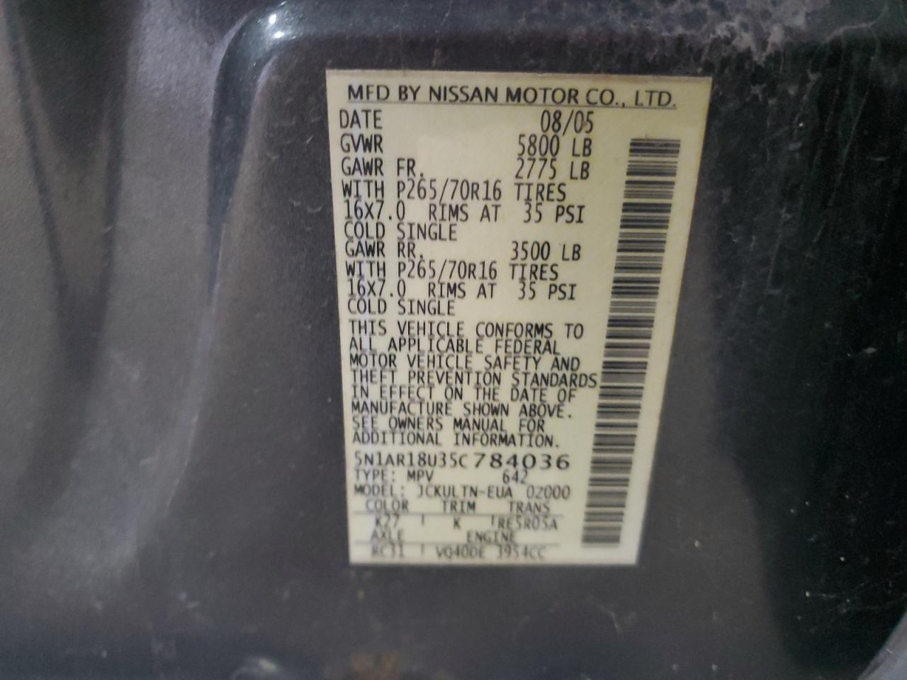 5N1AR18U35C784036 2005 Nissan Pathfinder Le