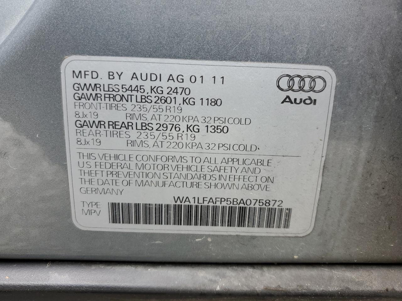 WA1LFAFP5BA075872 2011 Audi Q5 Premium Plus