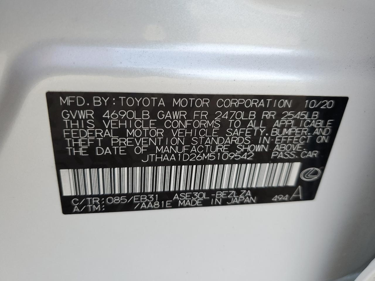 JTHAA1D26M5109542 2021 Lexus Is 300