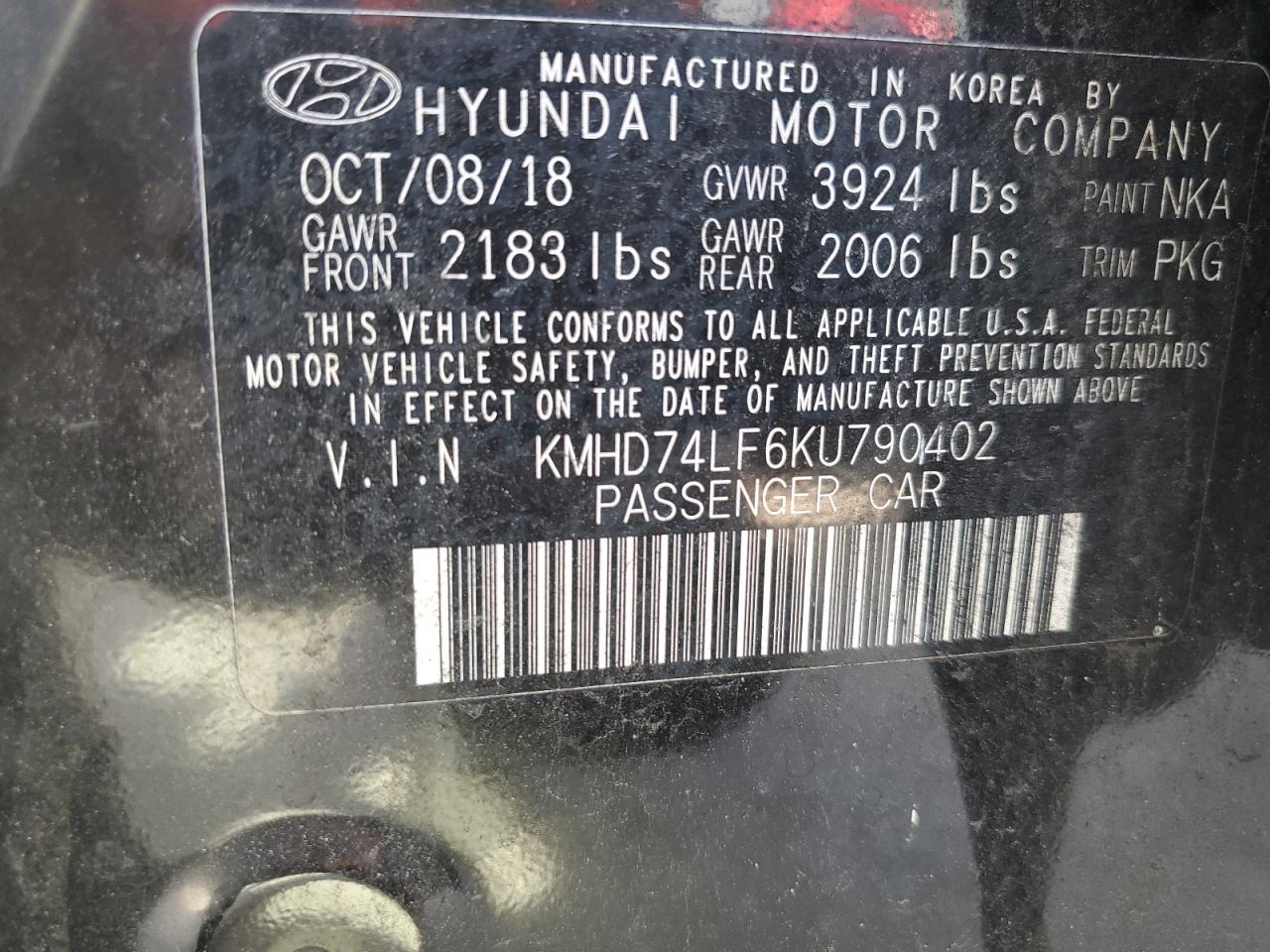 KMHD74LF6KU790402 2019 Hyundai Elantra Se