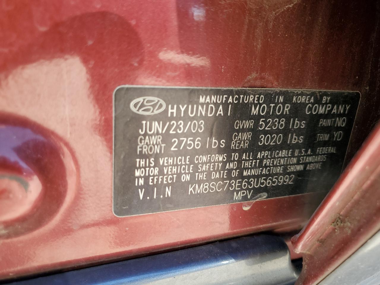 KM8SC73E63U565992 2003 Hyundai Santa Fe Gls