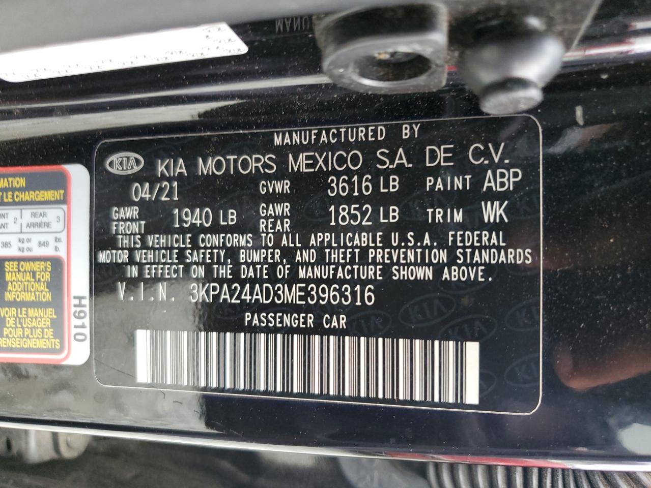 3KPA24AD3ME396316 2021 Kia Rio Lx