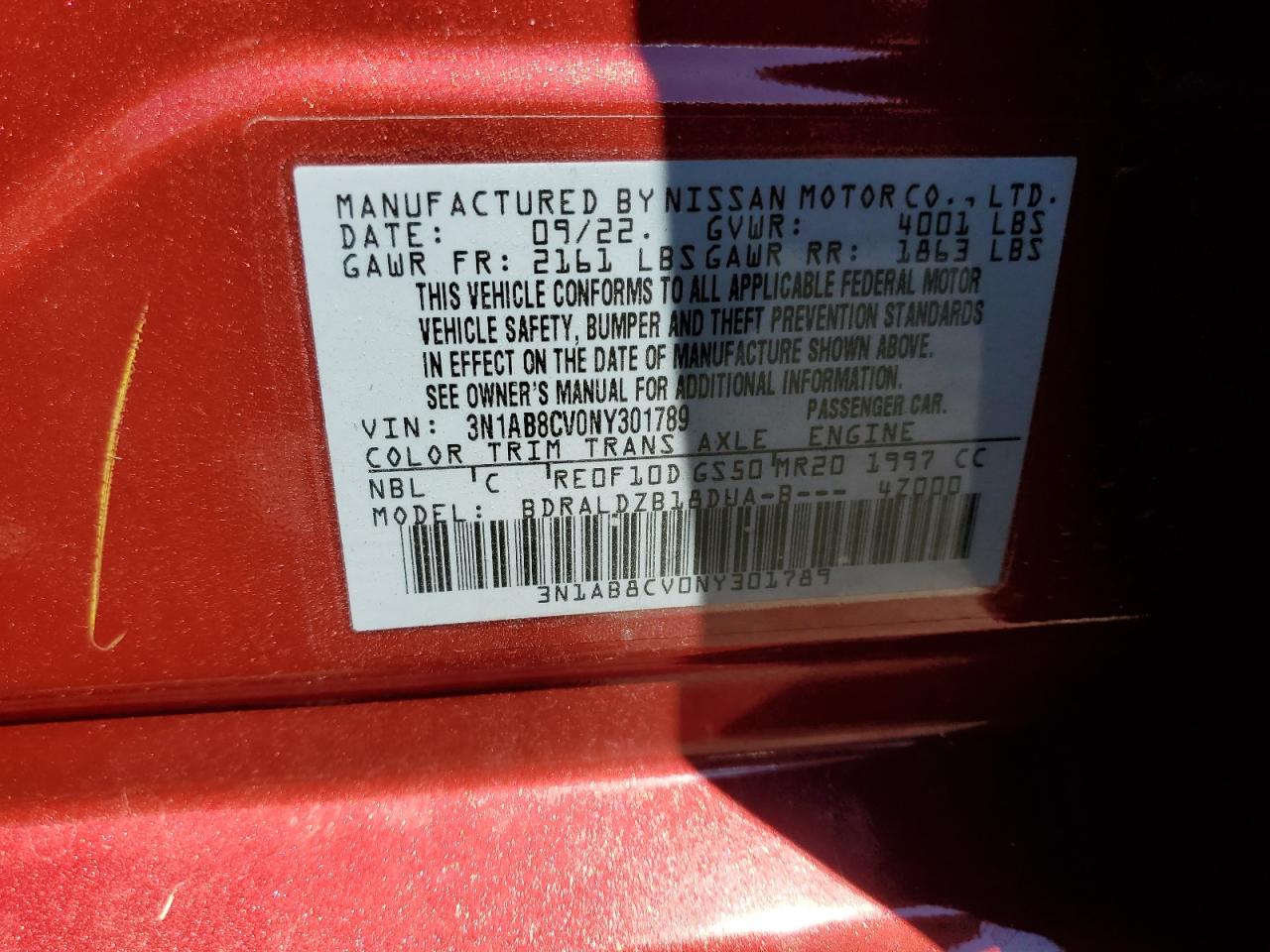 3N1AB8CV0NY301789 2022 Nissan Sentra Sv