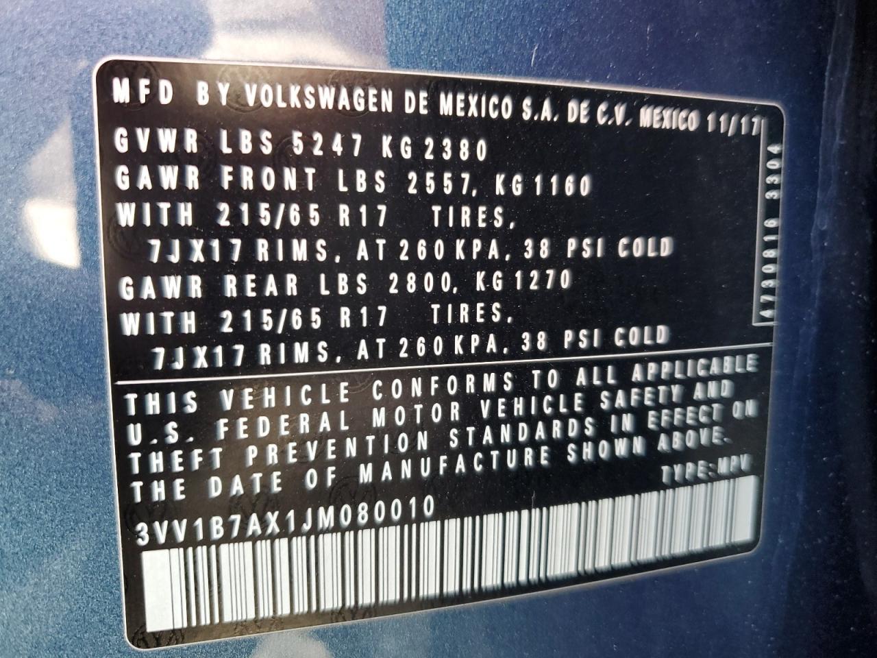 3VV1B7AX1JM080010 2018 Volkswagen Tiguan S