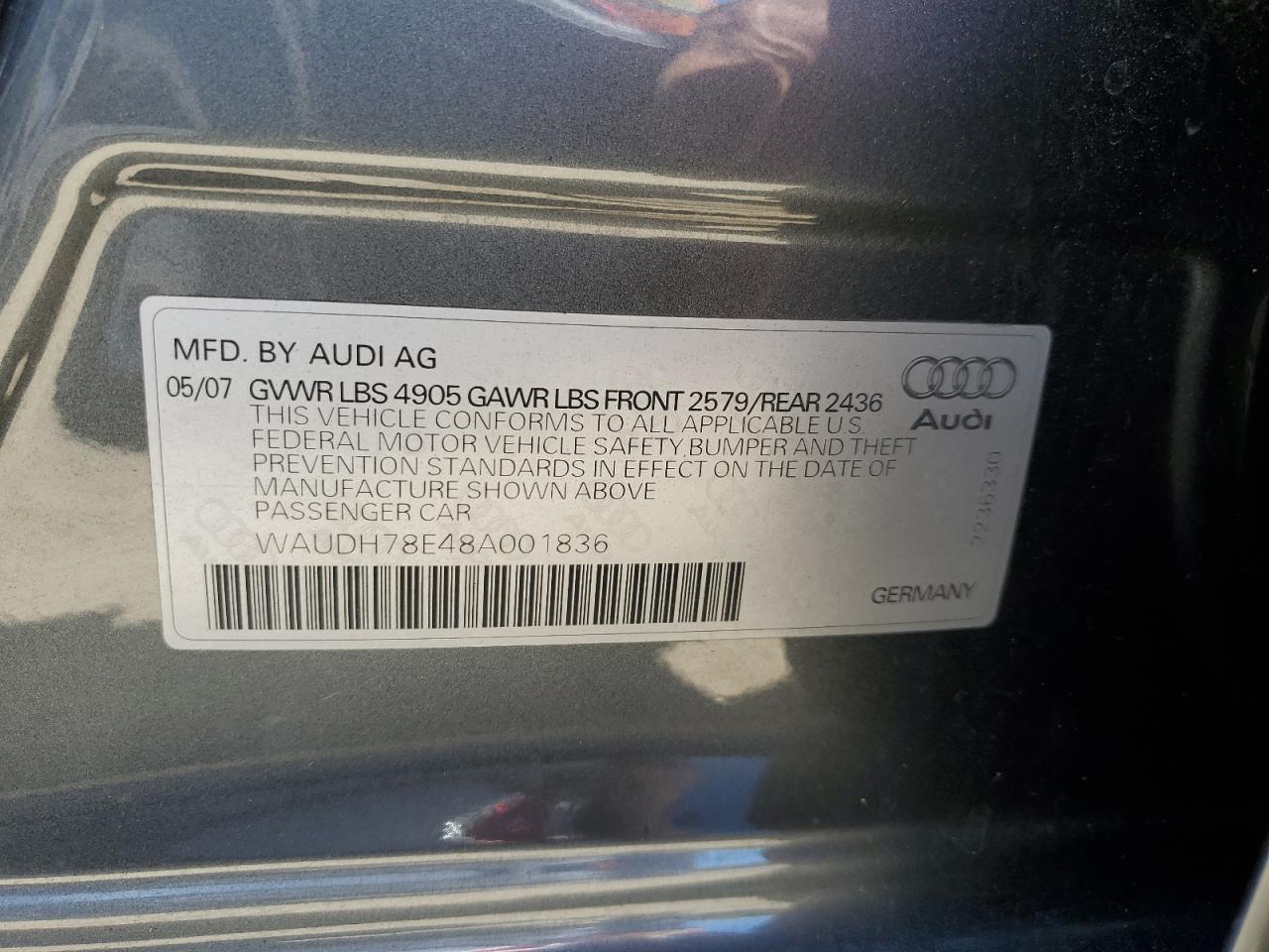 WAUDH78E48A001836 2008 Audi A4 3.2 Quattro