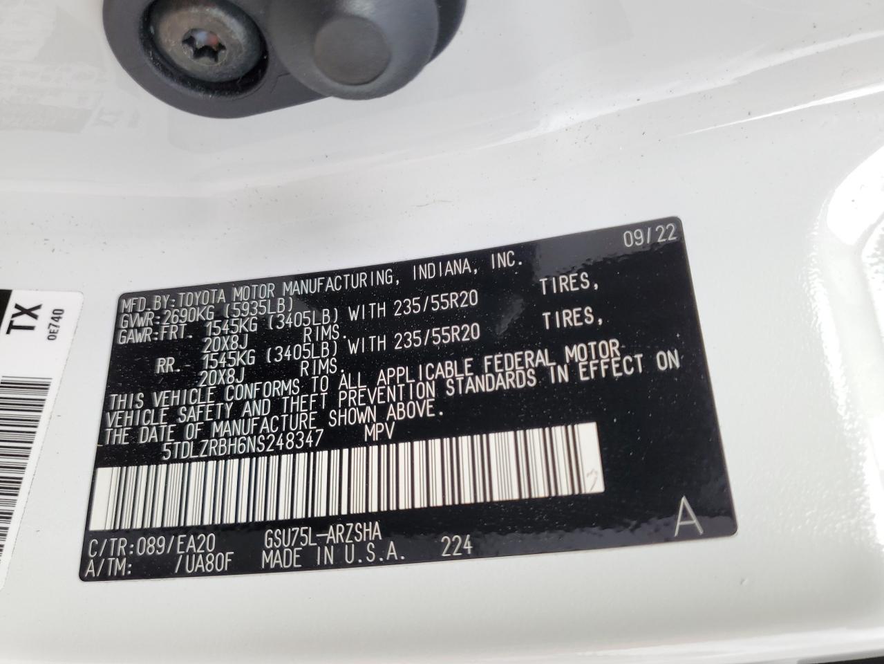 5TDLZRBH6NS248347 2022 Toyota Highlander Xse