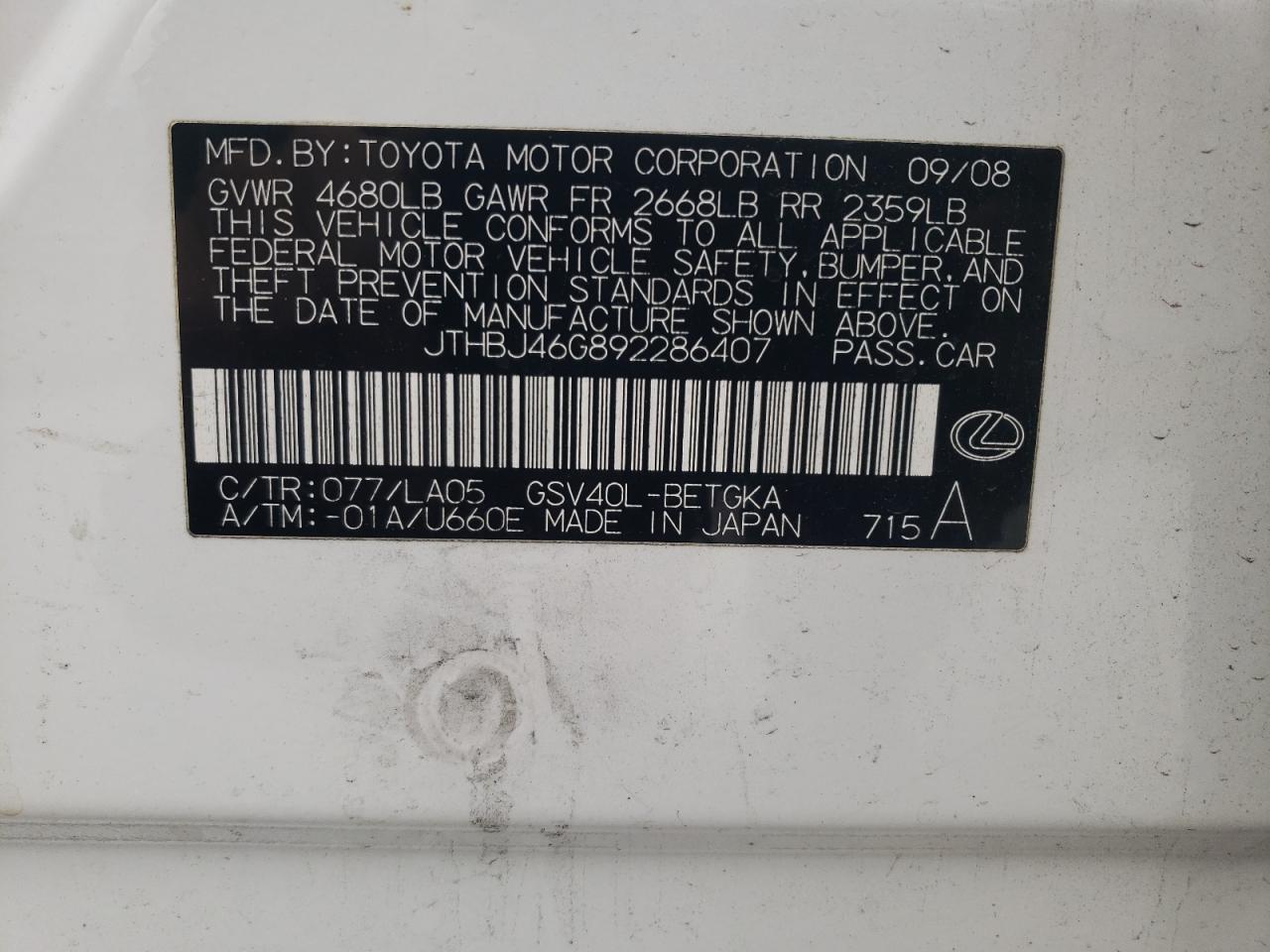 JTHBJ46G892286407 2009 Lexus Es 350