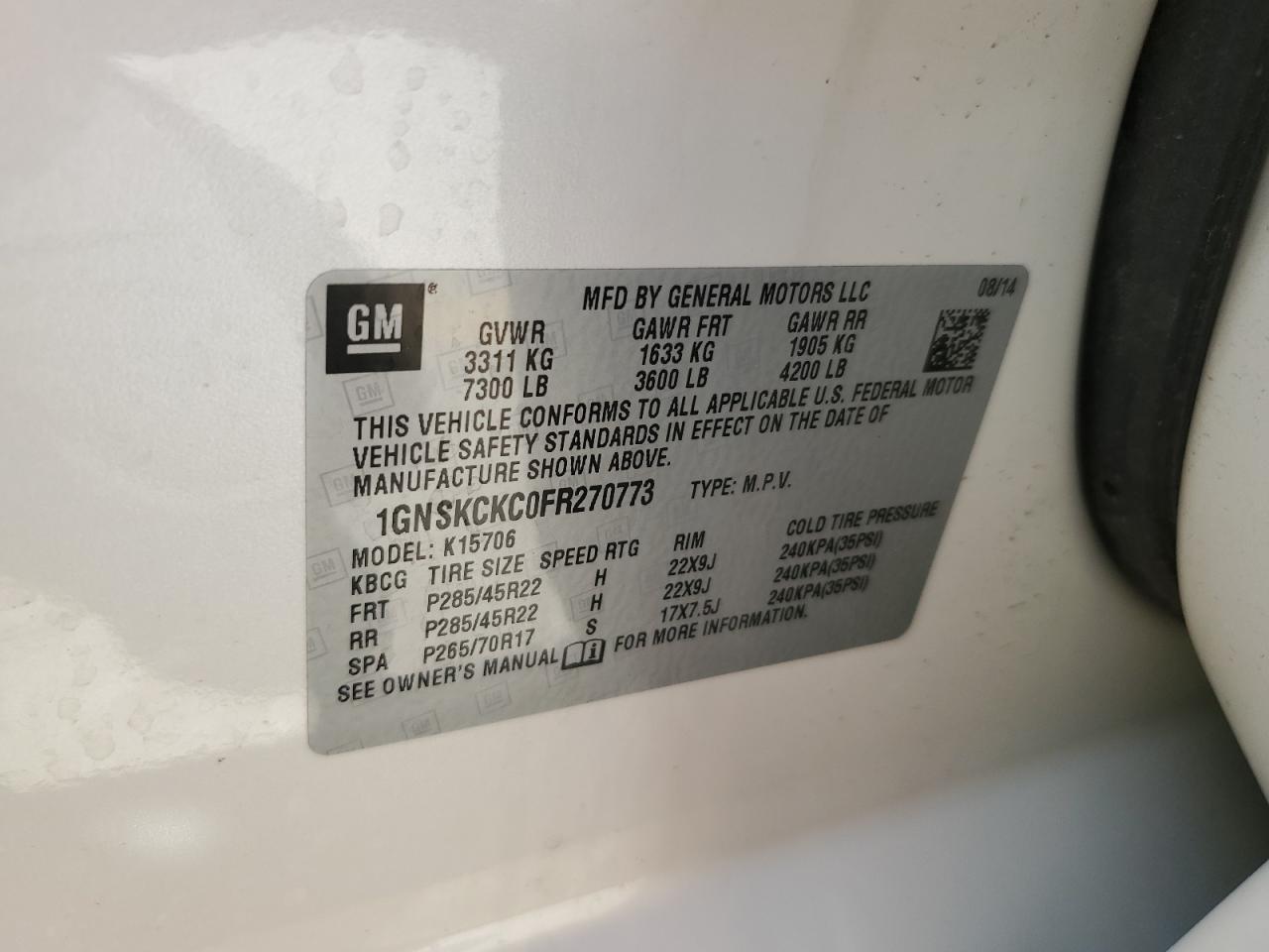 1GNSKCKC0FR270773 2015 Chevrolet Tahoe K1500 Ltz