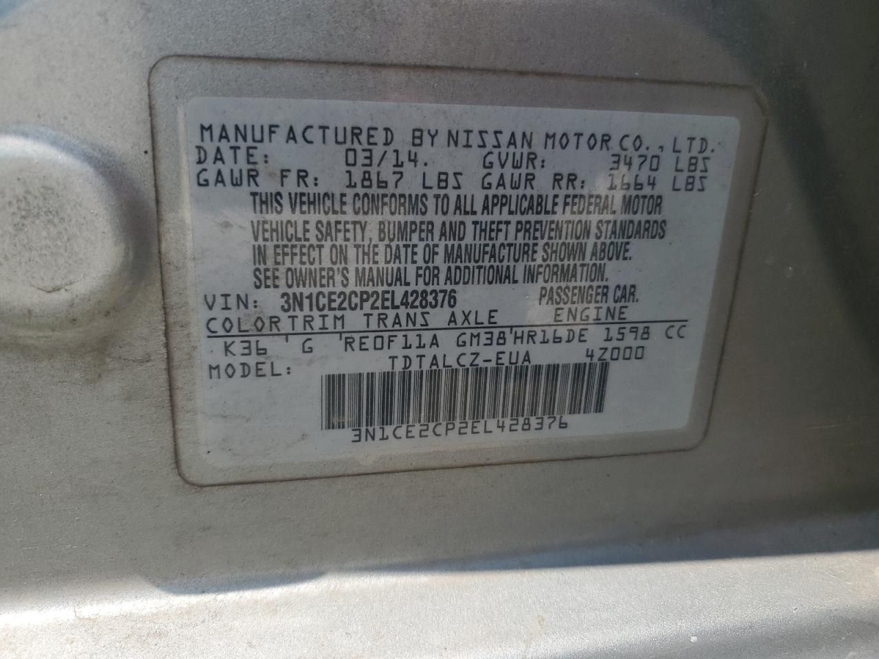 3N1CE2CP2EL428376 2014 Nissan Versa Note S