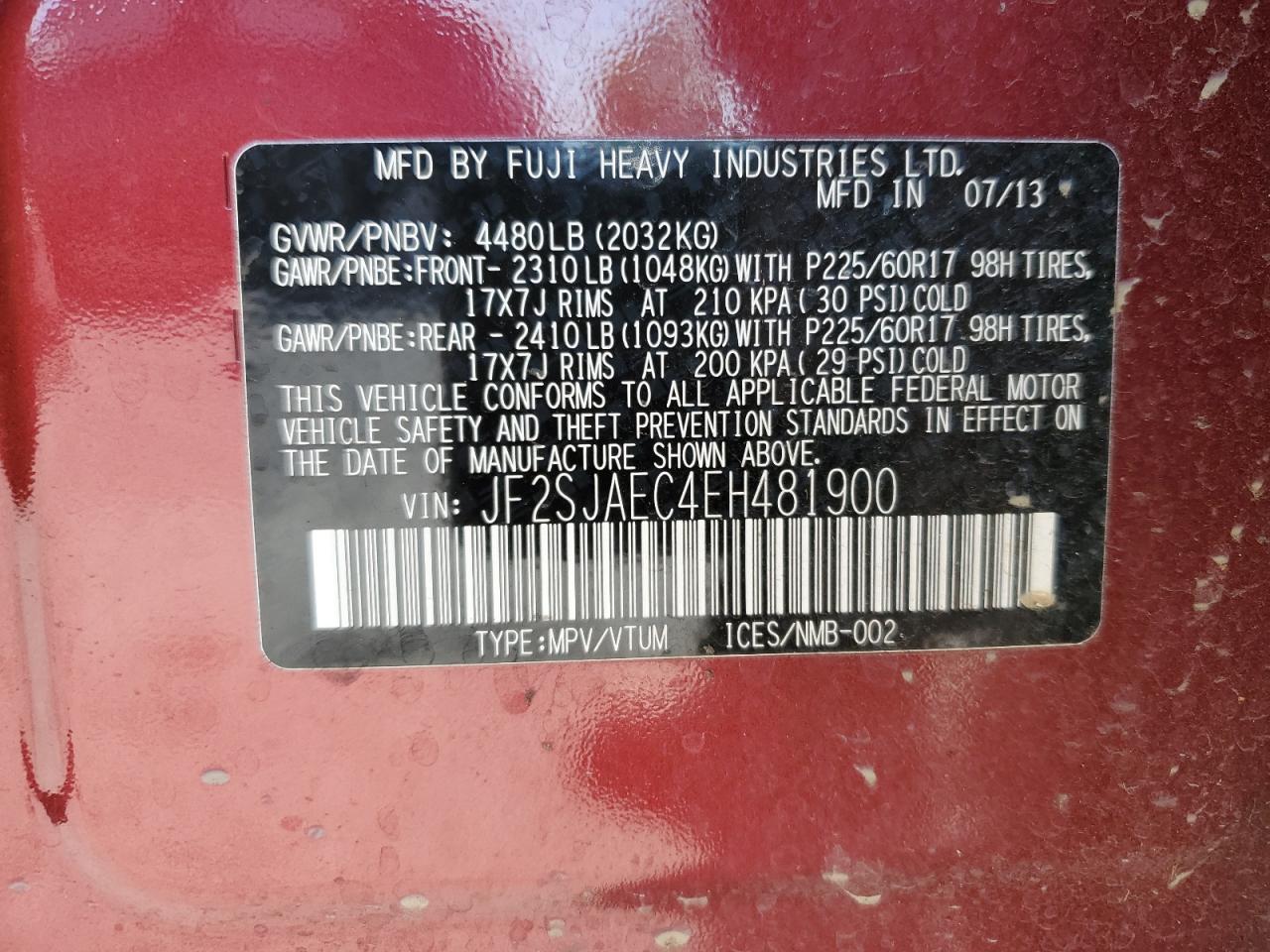 JF2SJAEC4EH481900 2014 Subaru Forester 2.5I Premium