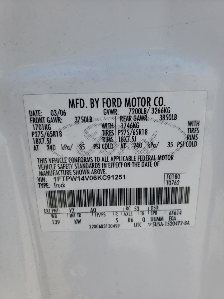 1FTPW14V06KC91251 2006 Ford F150 Supercrew
