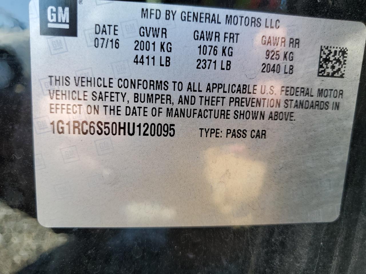 1G1RC6S50HU120095 2017 Chevrolet Volt Lt