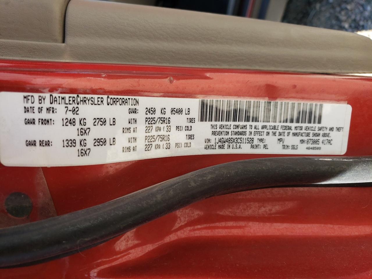 1J4GW48SX3C511528 2003 Jeep Grand Cherokee Laredo