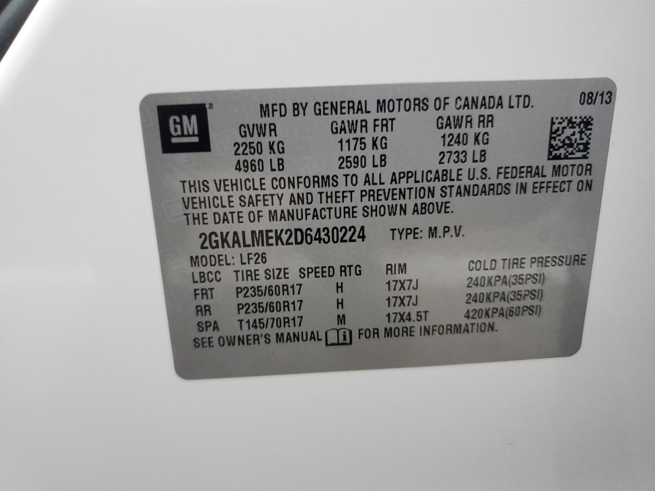 2GKALMEK2D6430224 2013 GMC Terrain Sle