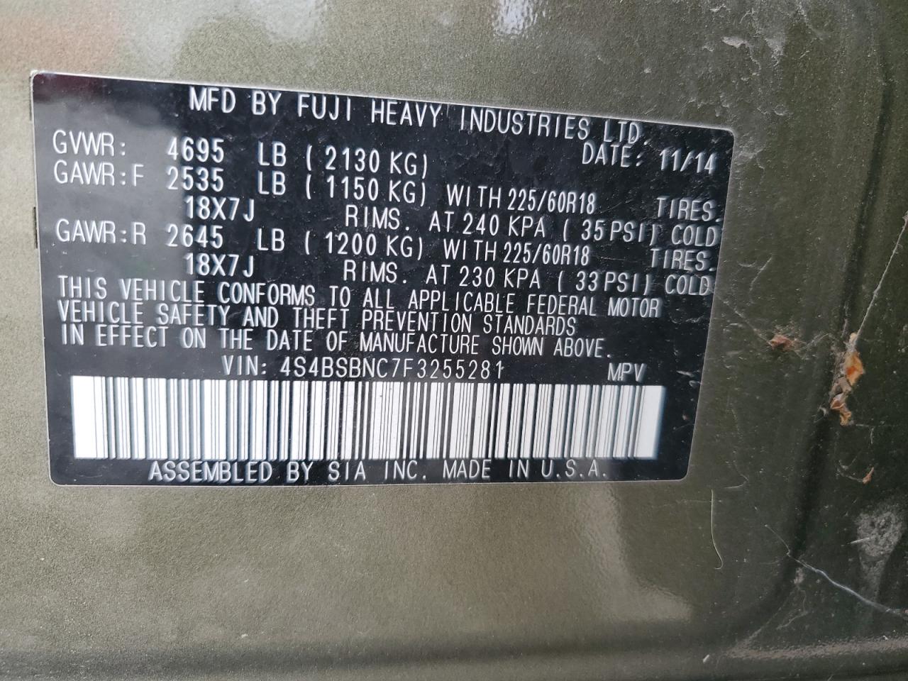 4S4BSBNC7F3255281 2015 Subaru Outback 2.5I Limited