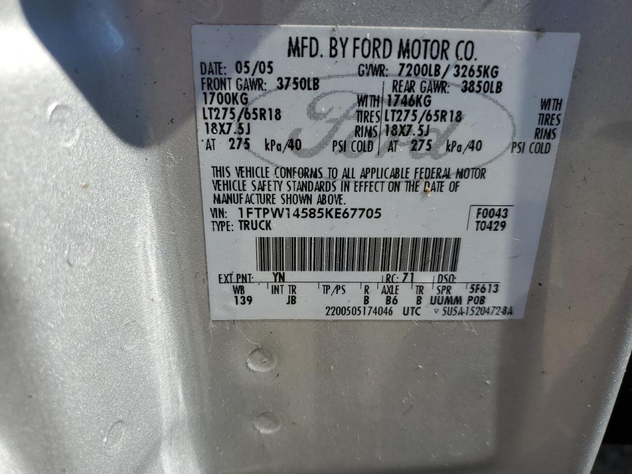 1FTPW14585KE67705 2005 Ford F150 Supercrew