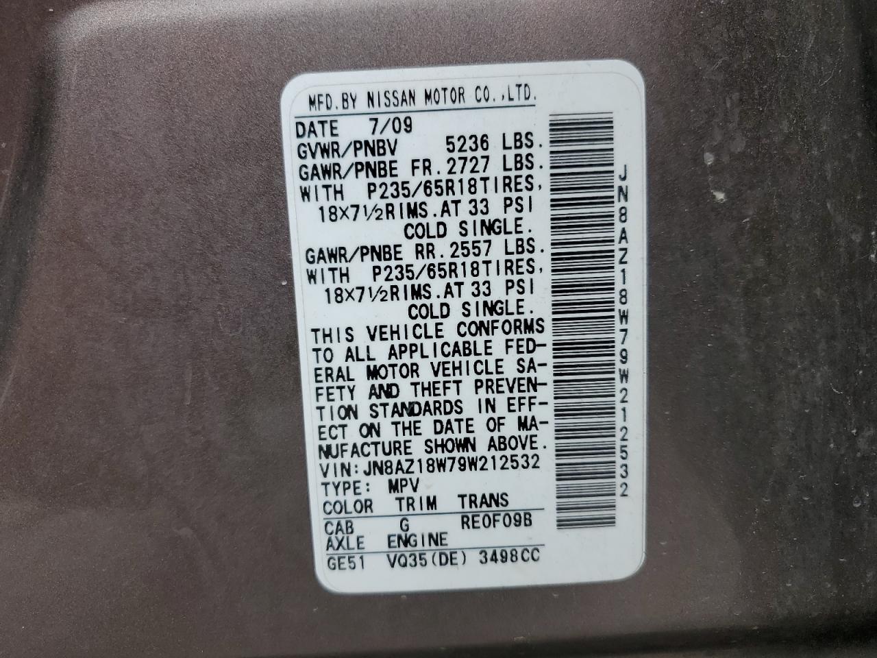 JN8AZ18W79W212532 2009 Nissan Murano S