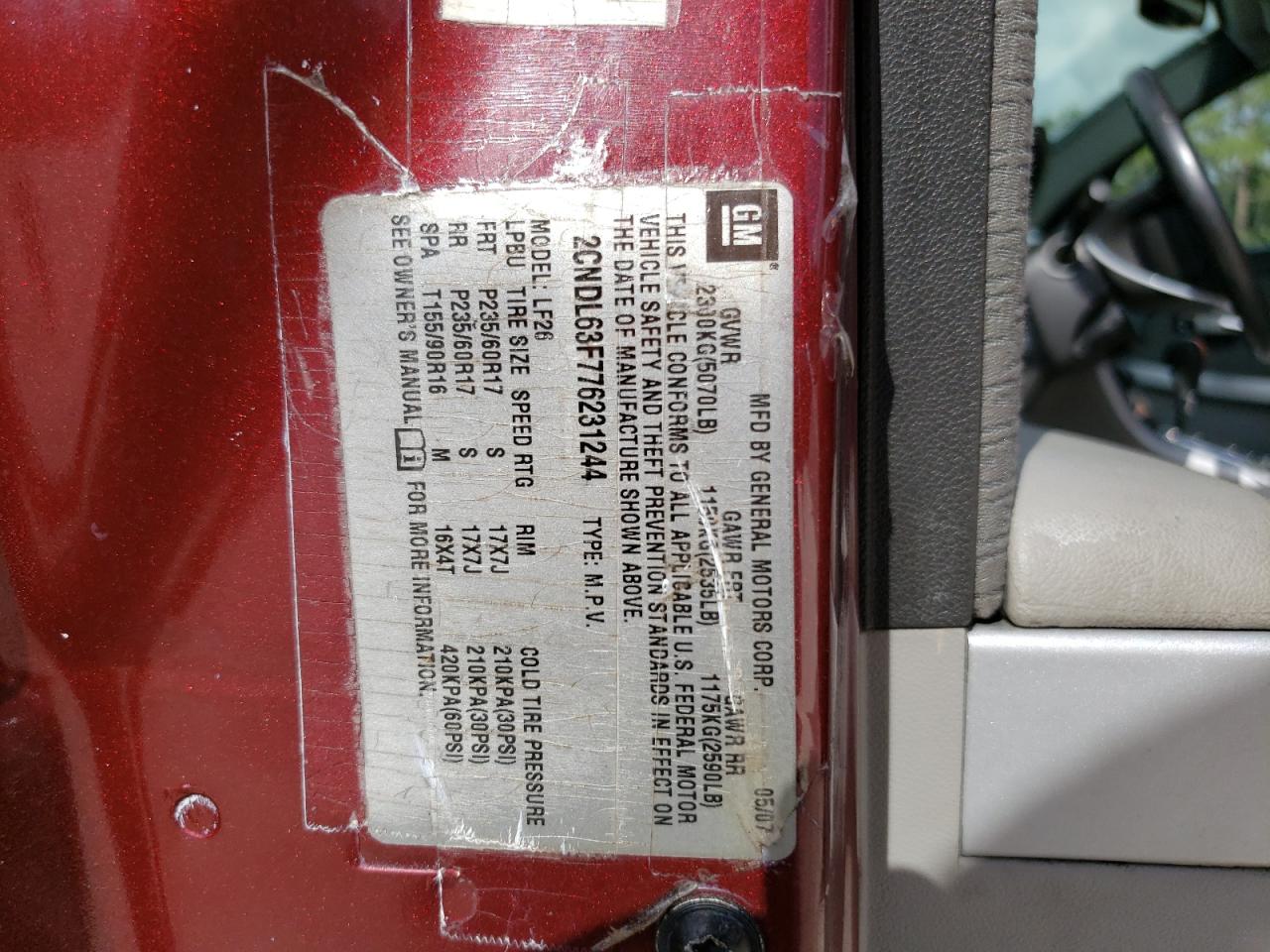 2CNDL63F776231244 2007 Chevrolet Equinox Lt