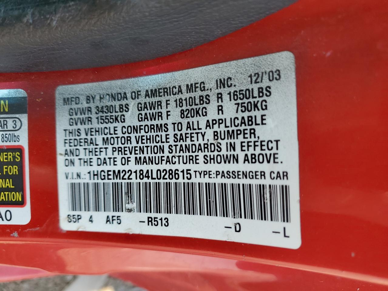 1HGEM22184L028615 2004 Honda Civic Dx Vp