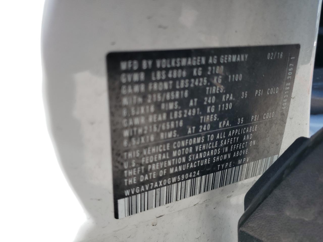 WVGAV7AX0GW590424 2016 Volkswagen Tiguan S