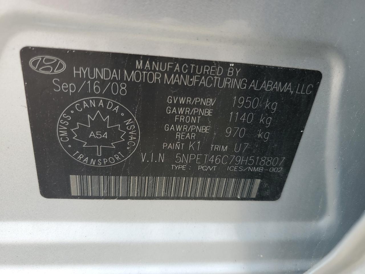 5NPET46C79H518807 2009 Hyundai Sonata Gls