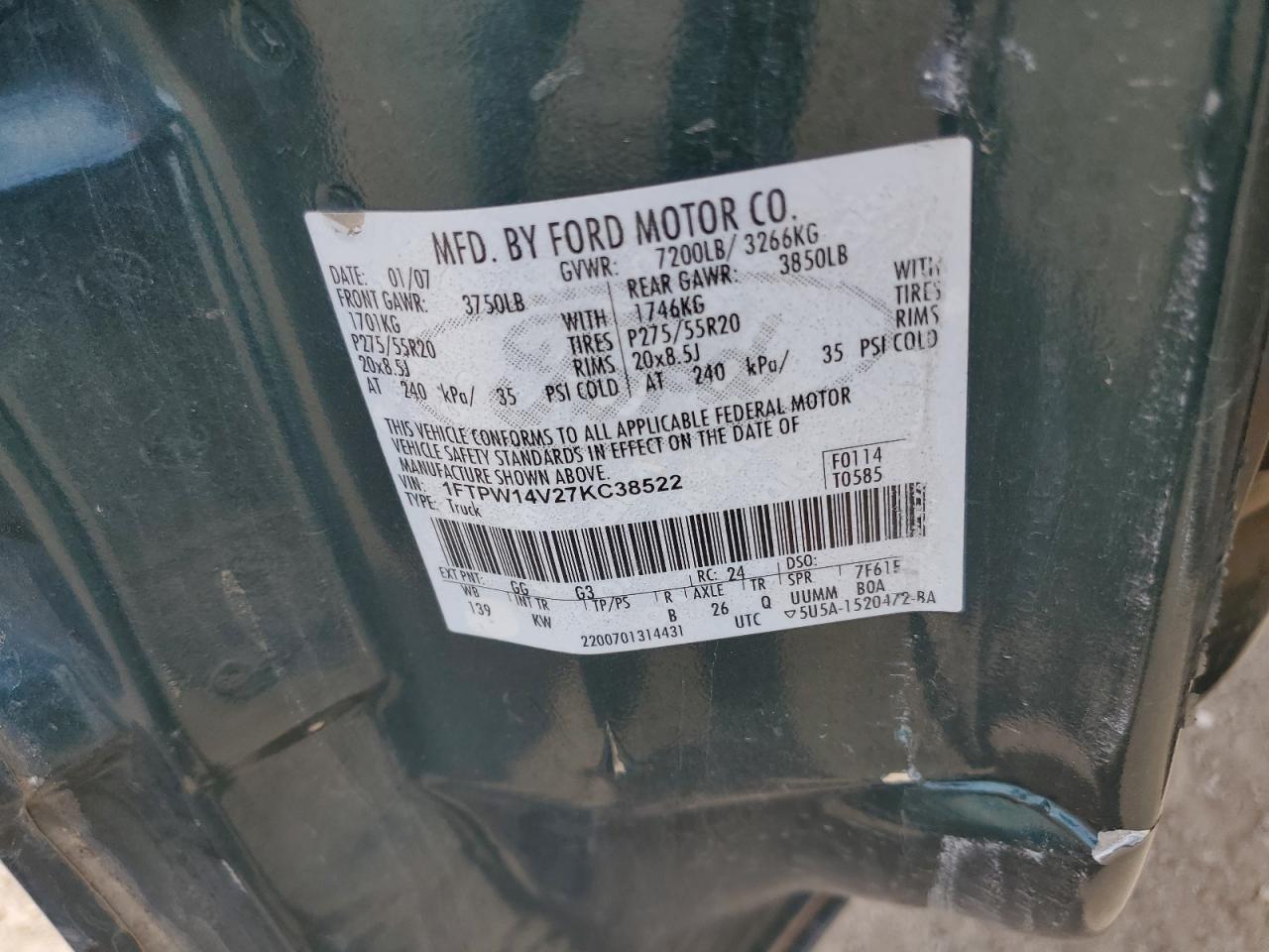 1FTPW14V27KC38522 2007 Ford F150 Supercrew