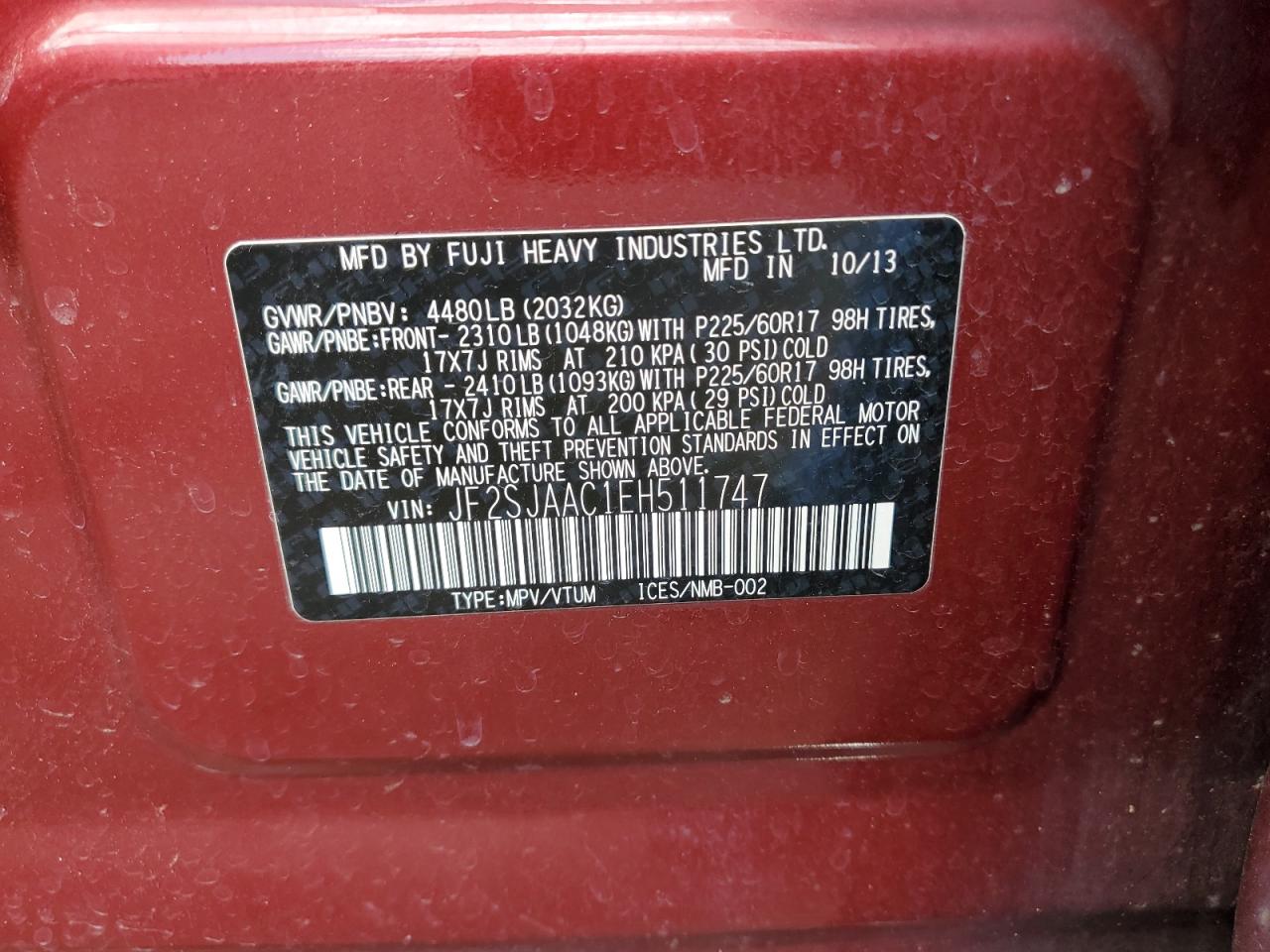 JF2SJAAC1EH511747 2014 Subaru Forester 2.5I