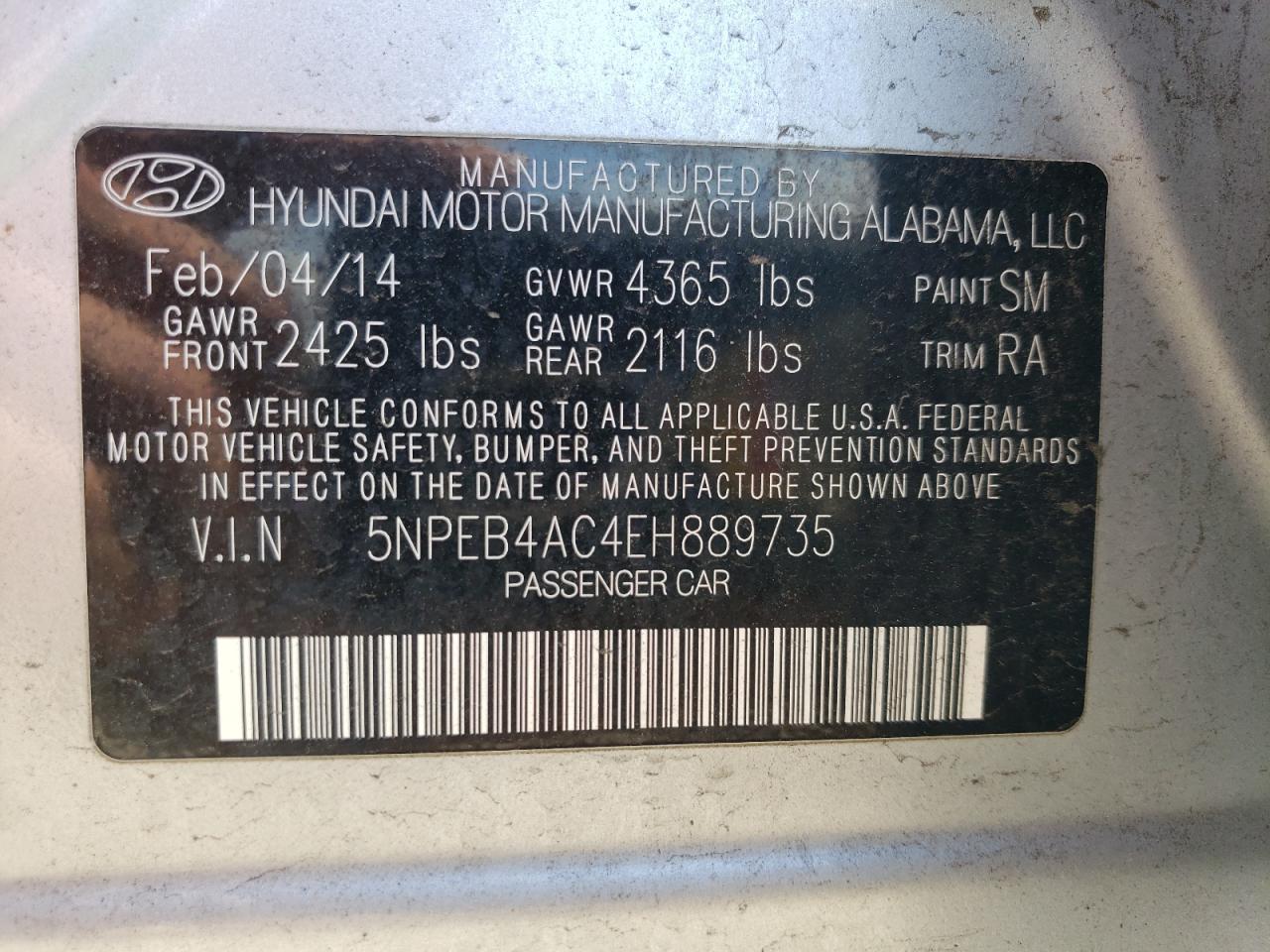 5NPEB4AC4EH889735 2014 Hyundai Sonata Gls