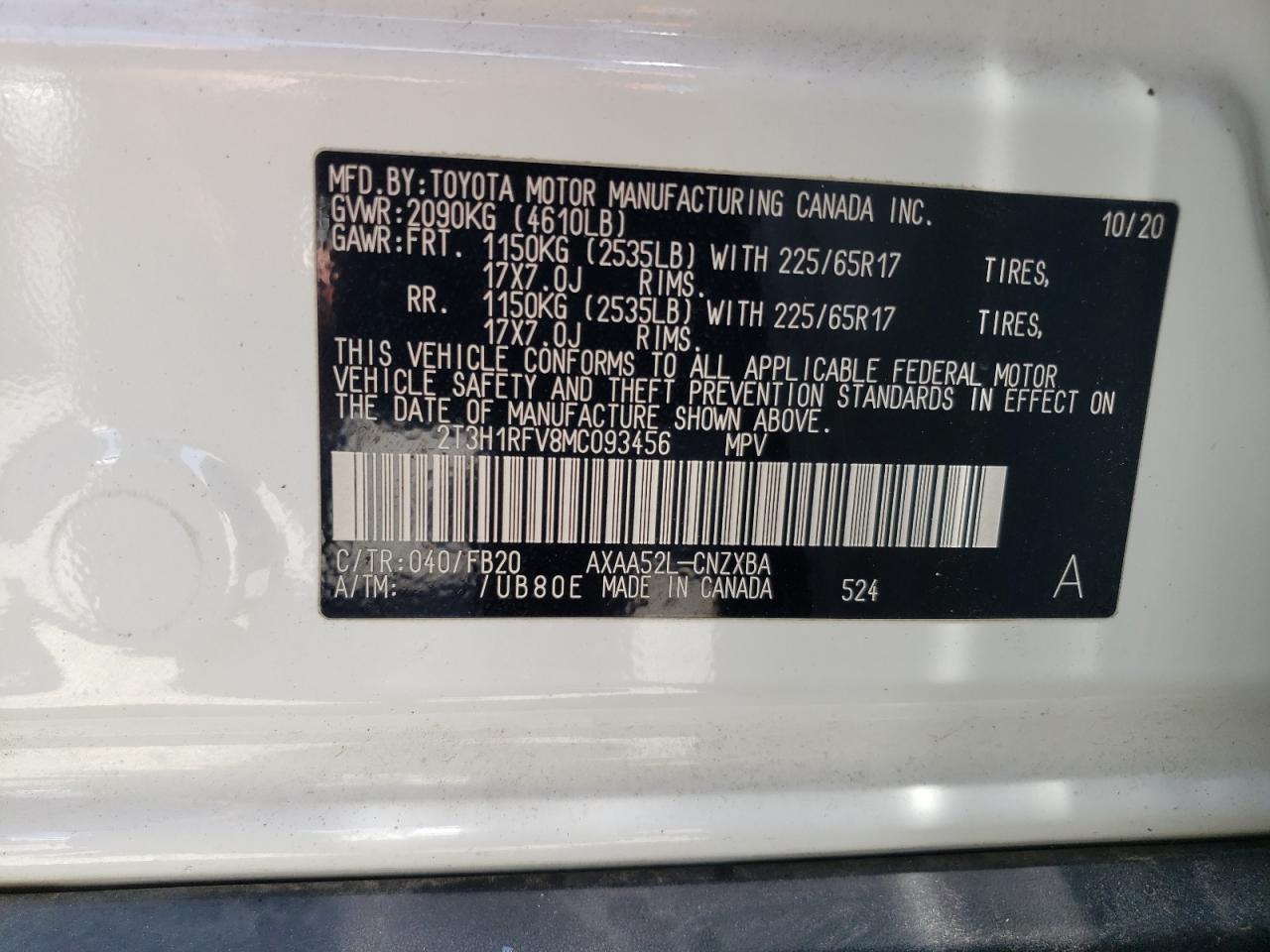 2T3H1RFV8MC093456 2021 Toyota Rav4 Le