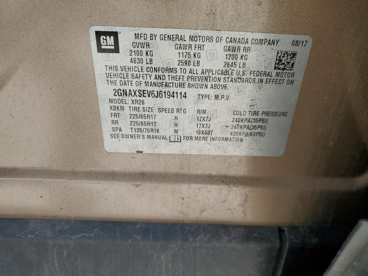 2GNAXSEV6J6194114 2018 Chevrolet Equinox Lt