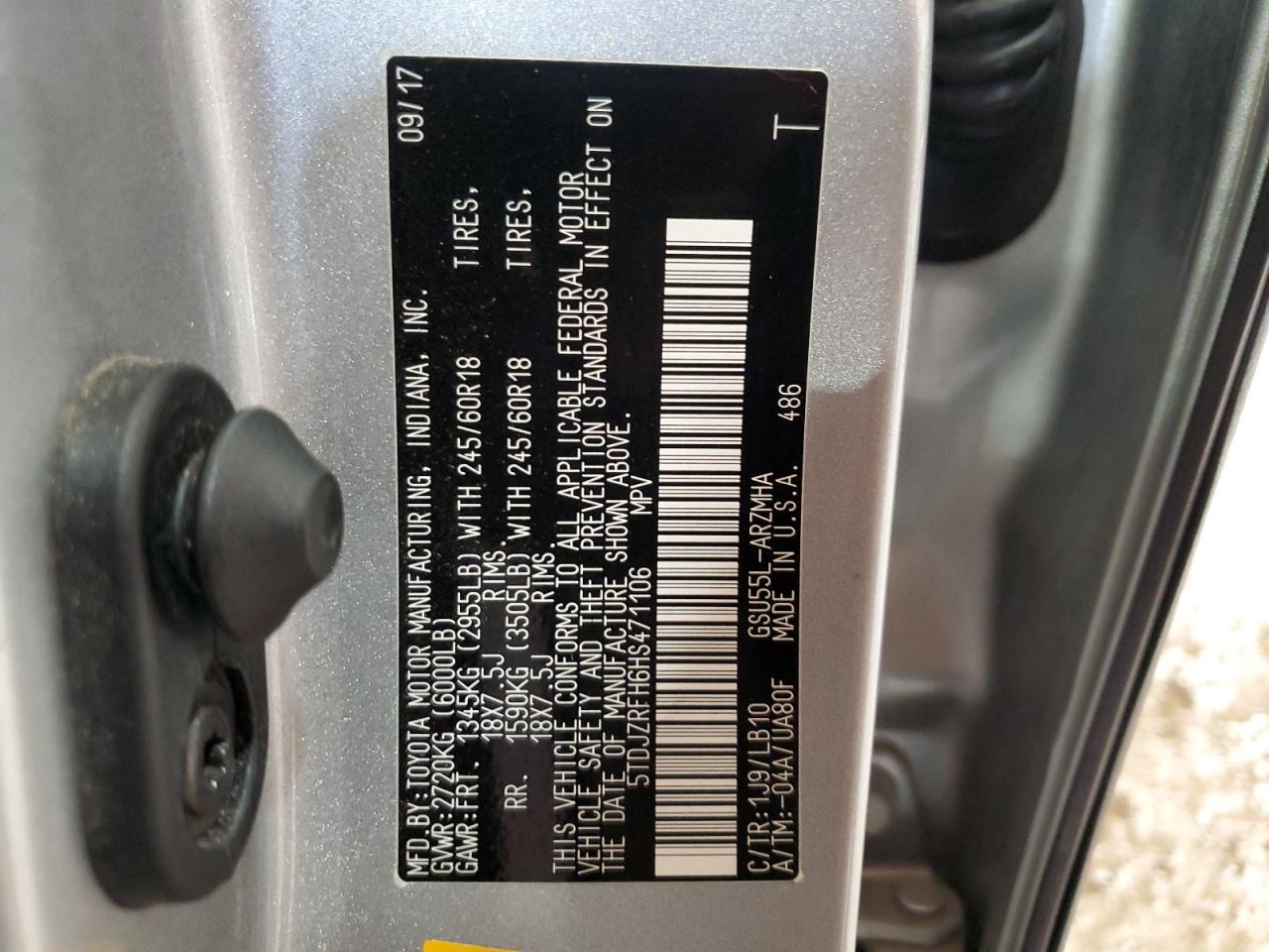 5TDJZRFH6HS471106 2017 Toyota Highlander Se