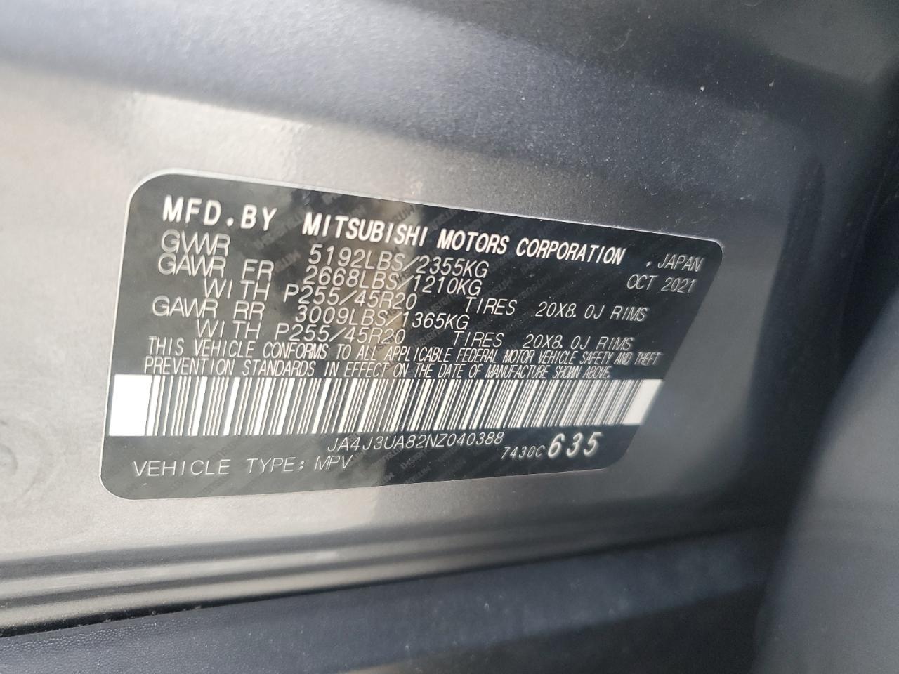 JA4J3UA82NZ040388 2022 Mitsubishi Outlander Se