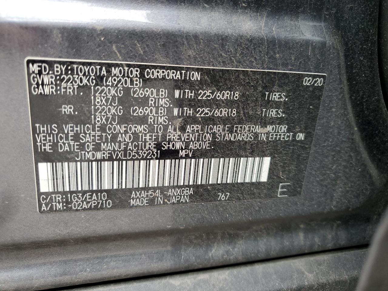 JTMDWRFVXLD539231 2020 Toyota Rav4 Limited