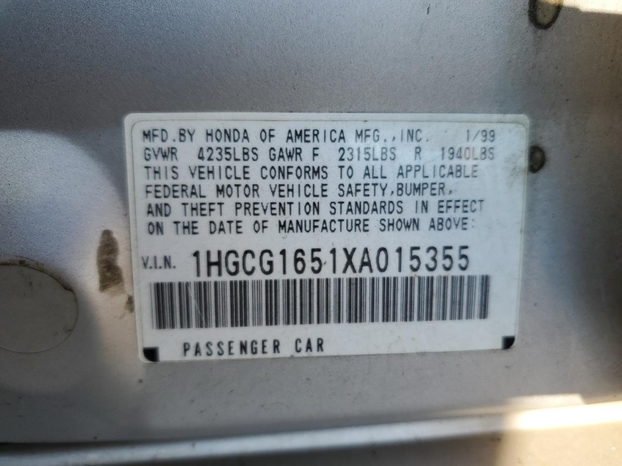 1HGCG1651XA015355 1999 Honda Accord Ex