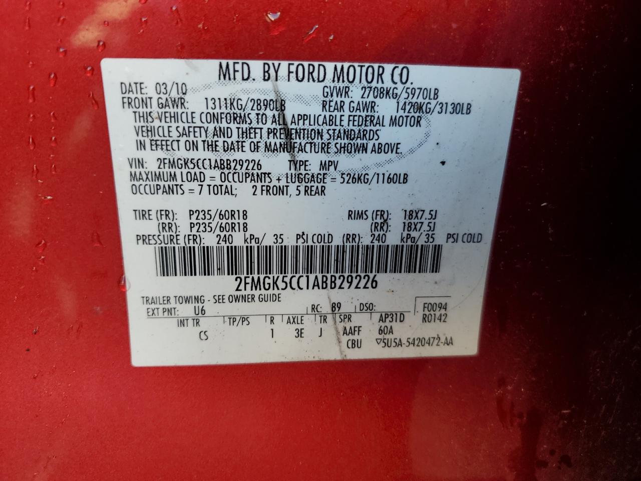 2FMGK5CC1ABB29226 2010 Ford Flex Sel