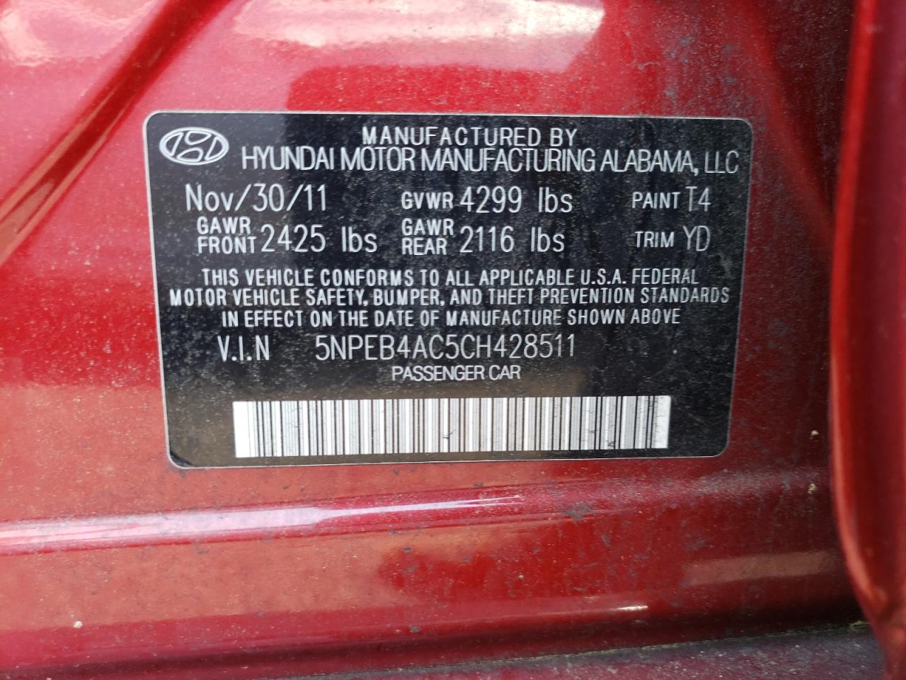 5NPEB4AC5CH428511 2012 Hyundai Sonata Gls