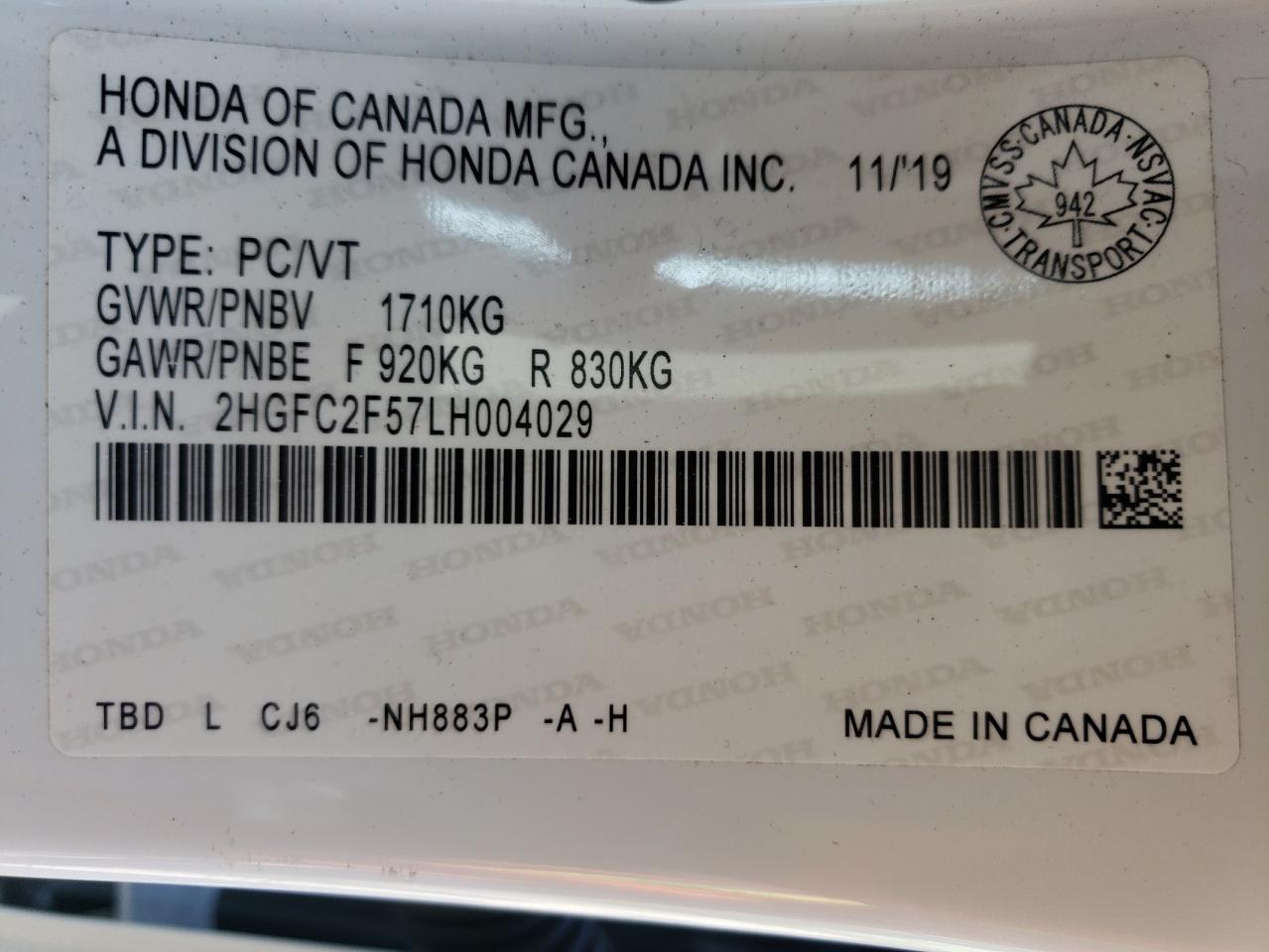 2HGFC2F57LH004029 2020 Honda Civic Lx