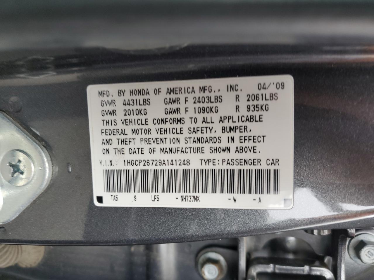 1HGCP26729A141248 2009 Honda Accord Ex