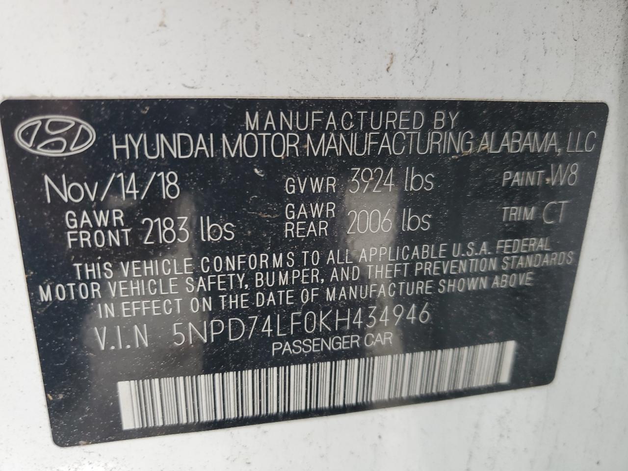 5NPD74LF0KH434946 2019 Hyundai Elantra Se